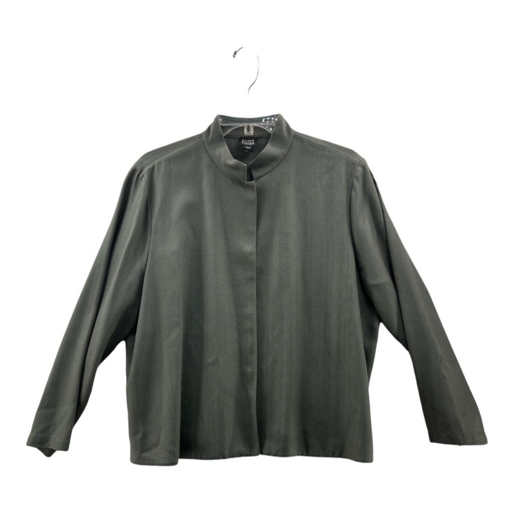 Eileen Fisher Womens Jacket Coat Gray Herringbone Buttons Slit 100% Silk L